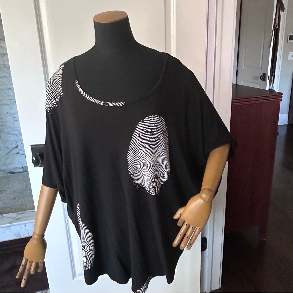Unique Boho Top, Bat Wing, Danish Designer, Finger Print Top, M/L, Art To Wear